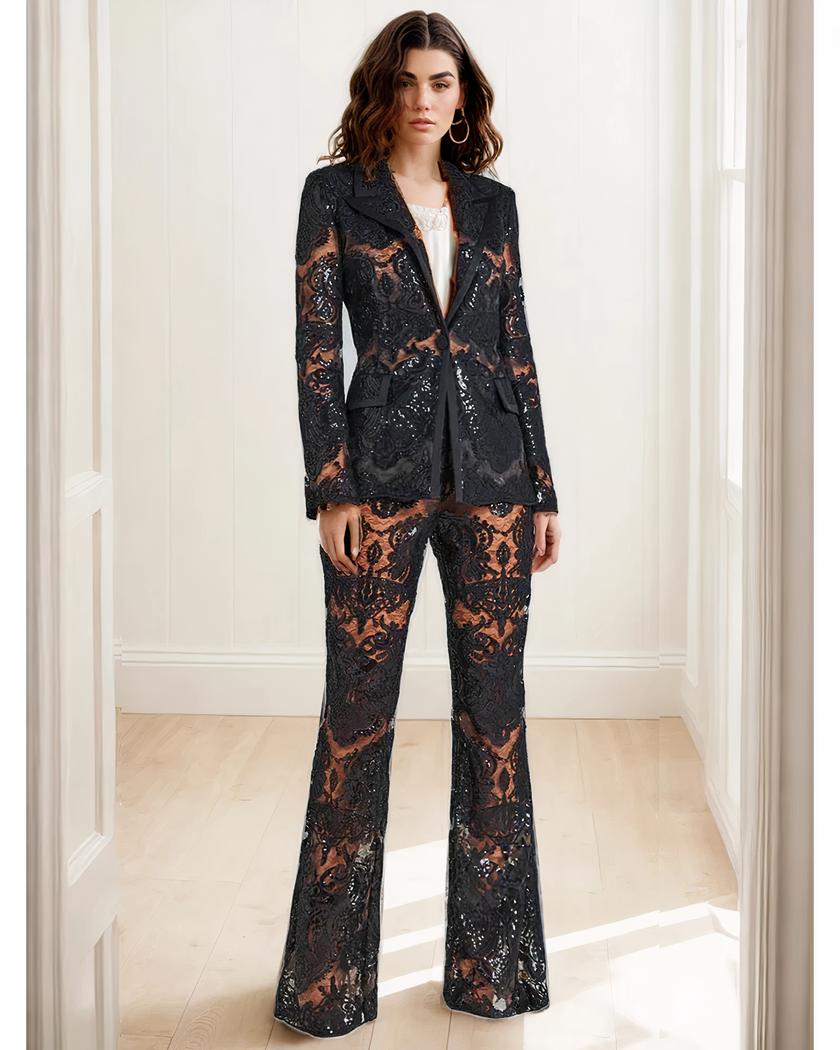 Ensemble blazer pantalon femme dentelle et sequins • Mon blazer