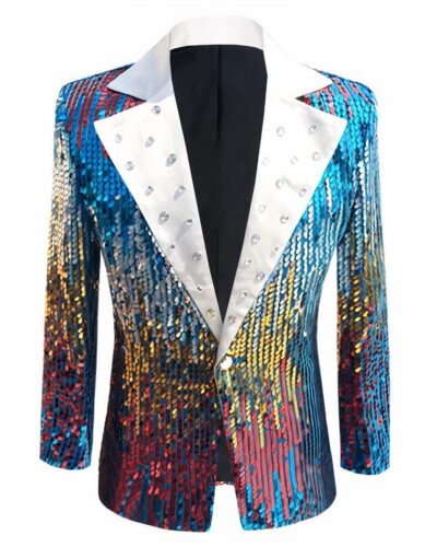 Photo d'un blazer homme à paillettes dans les tons à dominance bleue avec grand col blanc à strass un bouton et doublure noire le tout sur un fond blanc