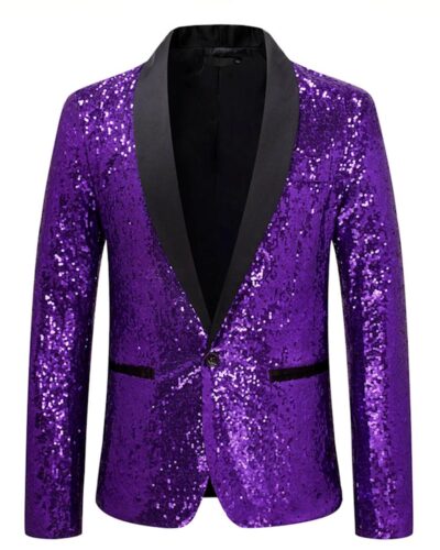 Photo d'un blazer à paillettes violet à col noir rond pour homme et liseré noir fausses poches sur un fond blanc