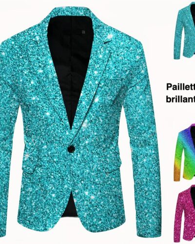 Photo d'un blazer pour homme à paillettes brillantes roses avec poches à rabat et un seul bouton le tout sur un fond blanc