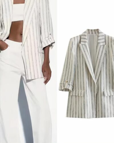 Odizli Blazer Femme Rayé Élégant Manches Longues – Veste De Bureau Chic, Boutons Unique, Poches à Rabat – Look Professionnel Tendance