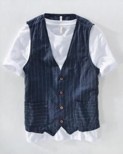 Blazer sans manches bleu marine à rayures fines style vintage