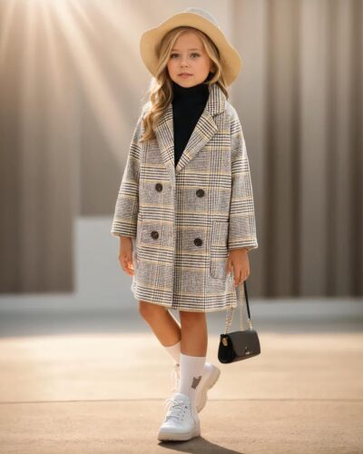 On voit une fille blonde qui porte un manteau blazer à carreaux gris et jaune.