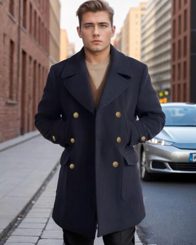 On voit un homme dans la rue qui porte un manteau blazer sombre style officier.