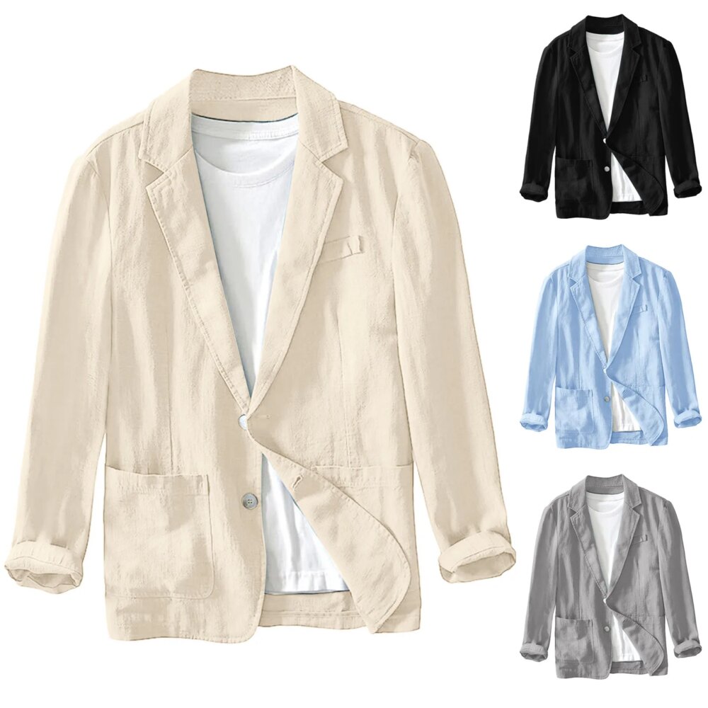 4 blazers, bleu ciel, noir, beige et gris avec un tee shirt blanc en dessous