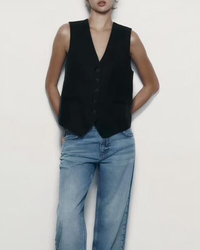 Gilet blazer noir à boutons vintage pour femme
