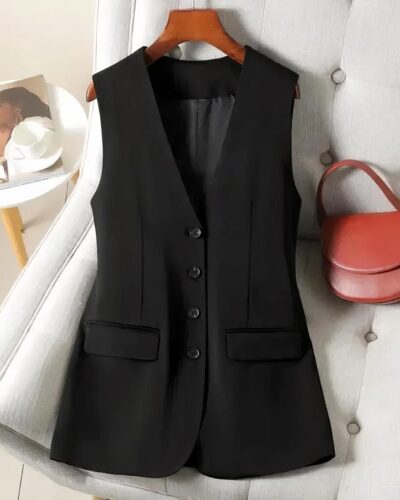 Gilet blazer noir sans manches à boutons pour femme