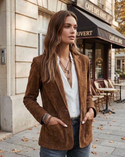 Une femme devant un café parisien en automne portant le blazer faux suède femme vintage brun, poches plaquées, porté ouvert sur chemise blanche et jean.