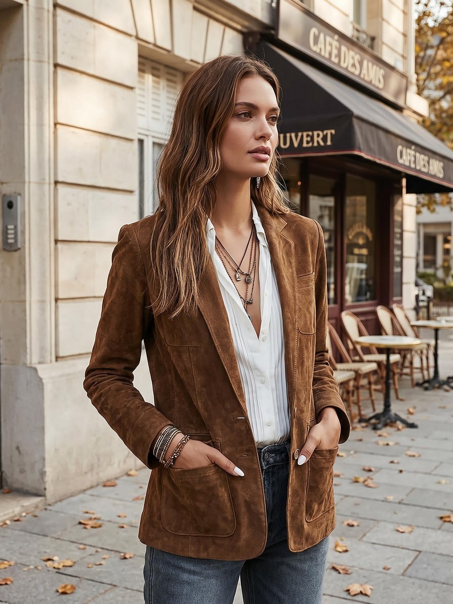 Une femme devant un café parisien en automne portant le blazer faux suède femme vintage brun, poches plaquées, porté ouvert sur chemise blanche et jean.