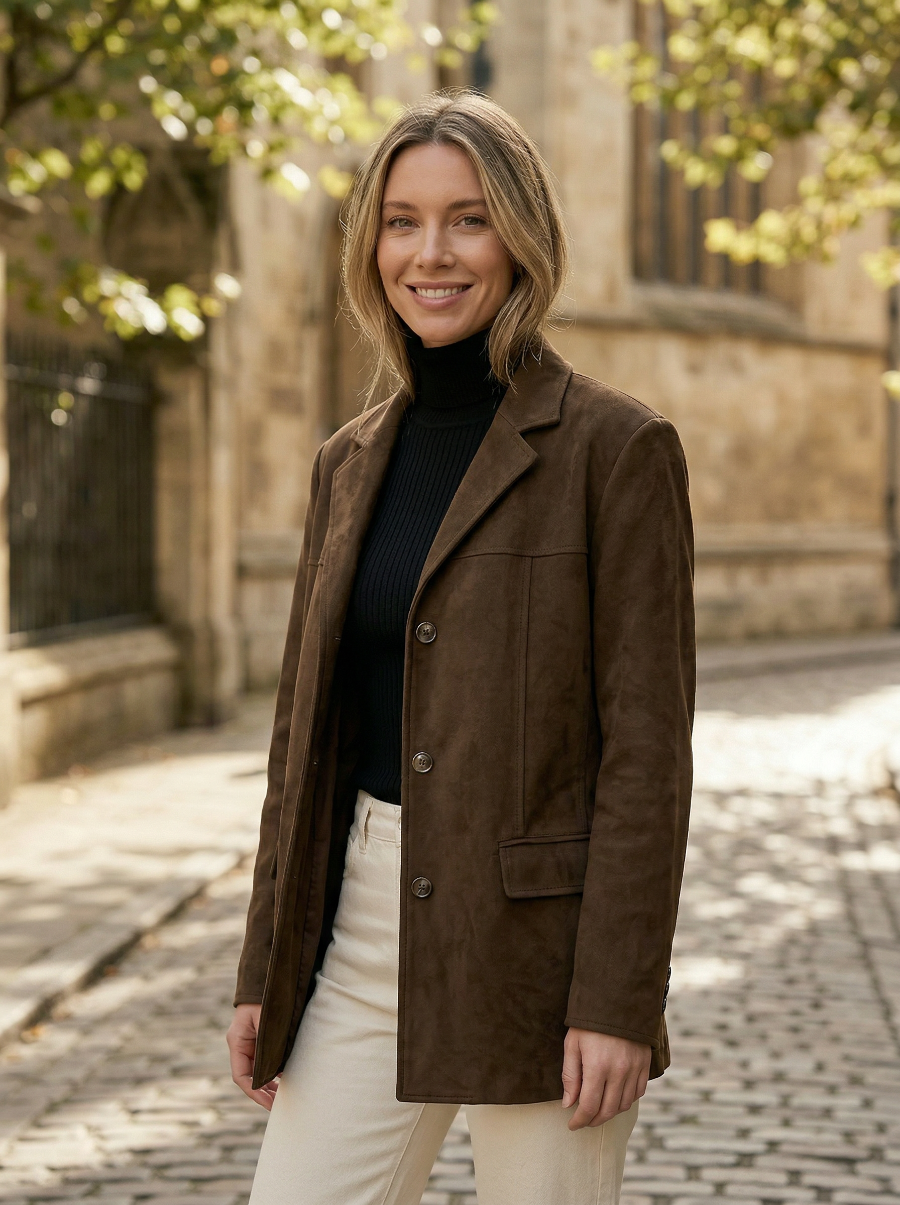 Une jeune femme souriante portant le blazer suédé marron oversize pour femme, avec un pantalon beige dans une rue.