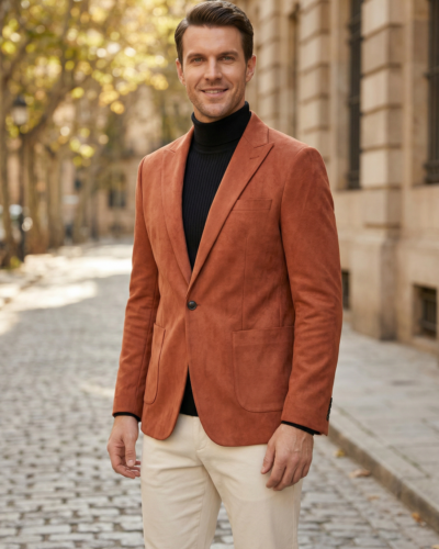 Blazer homme daim synthétique effet suédé terracotta, mono-bouton, col revers, porté sur col roulé noir et pantalon écru, rue pavée automnale.