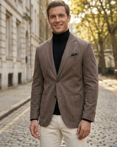 Une homme dans une rue pavée , il porte le blazer suédé homme coupe cintrée taupe à col revers, porté sur col roulé noir et pantalon écru.