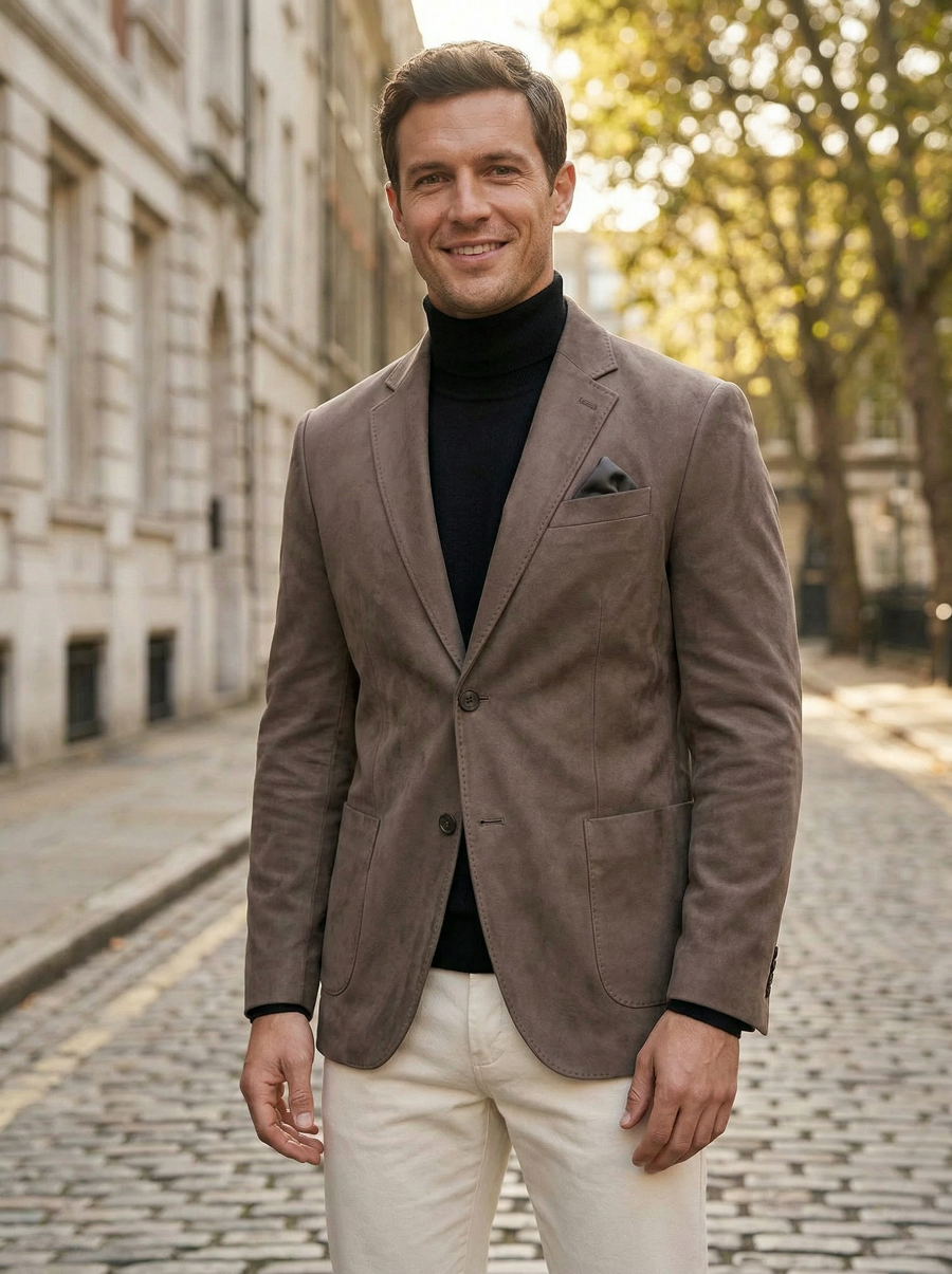 Une homme dans une rue pavée , il porte le blazer suédé homme coupe cintrée taupe à col revers, porté sur col roulé noir et pantalon écru.