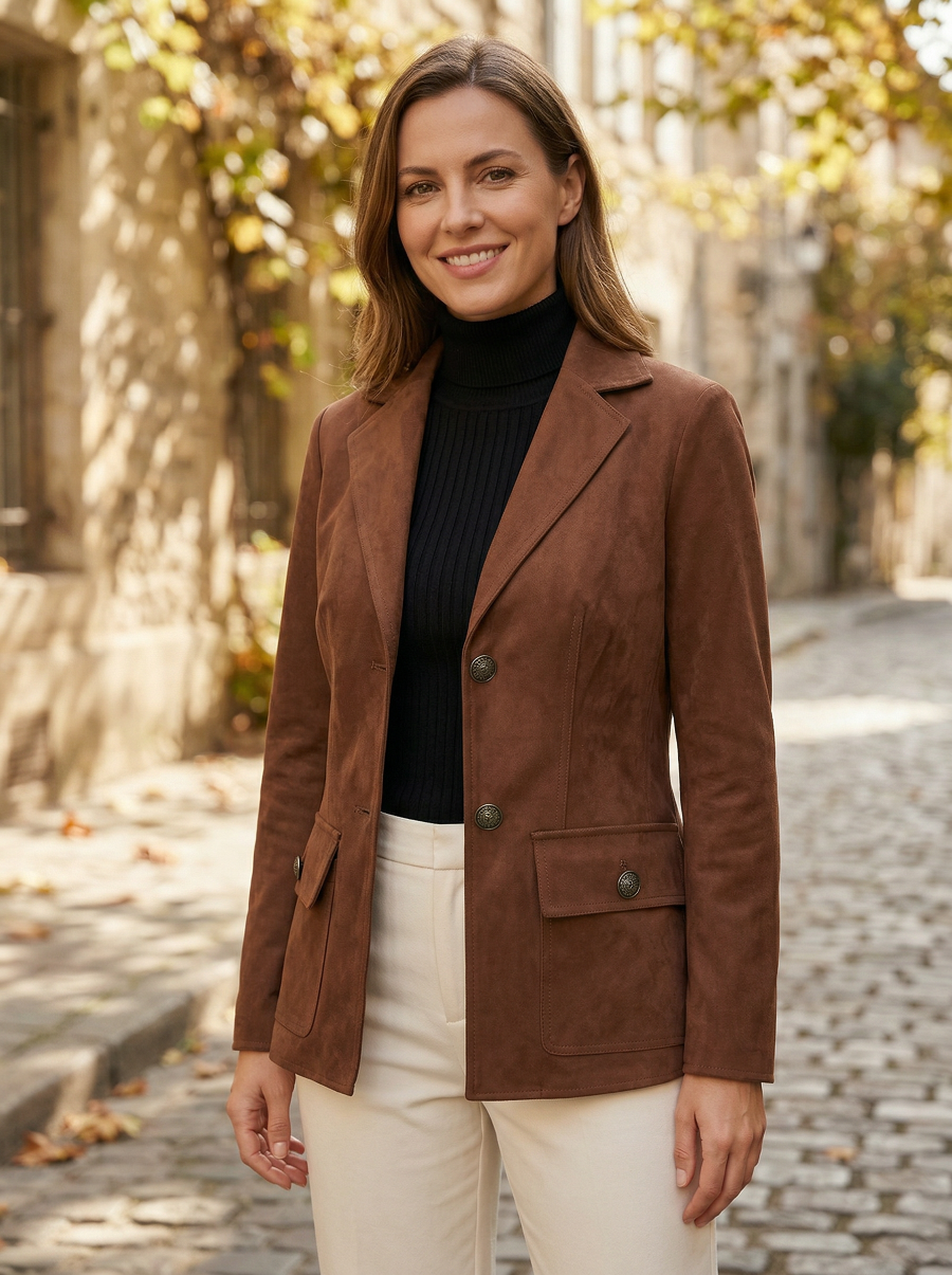 Notre blazer suédé marron femme ajusté en faux daim, boutons dorés, poches à rabat, porté par une femme sur une col roulé noir et un pantalon écru dans une ruelle pavée.