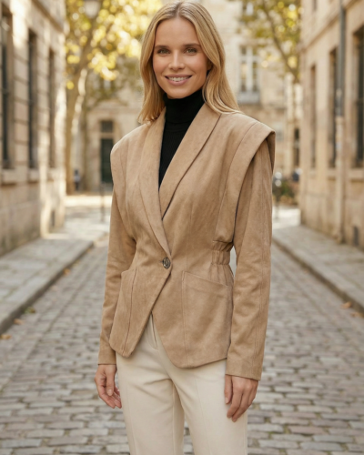 Une femme portant dans une rue parisienne portant le blazer suédé femme taille marquée et structurée beige, mono-bouton, poches plaquées, porté sur col roulé noir et pantalon écru.