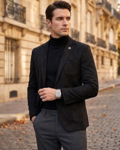 Homme portant un blazer suédé homme coupe slim coloris premium noir sur col roulé, dans une rue pavée parisienne en automne.