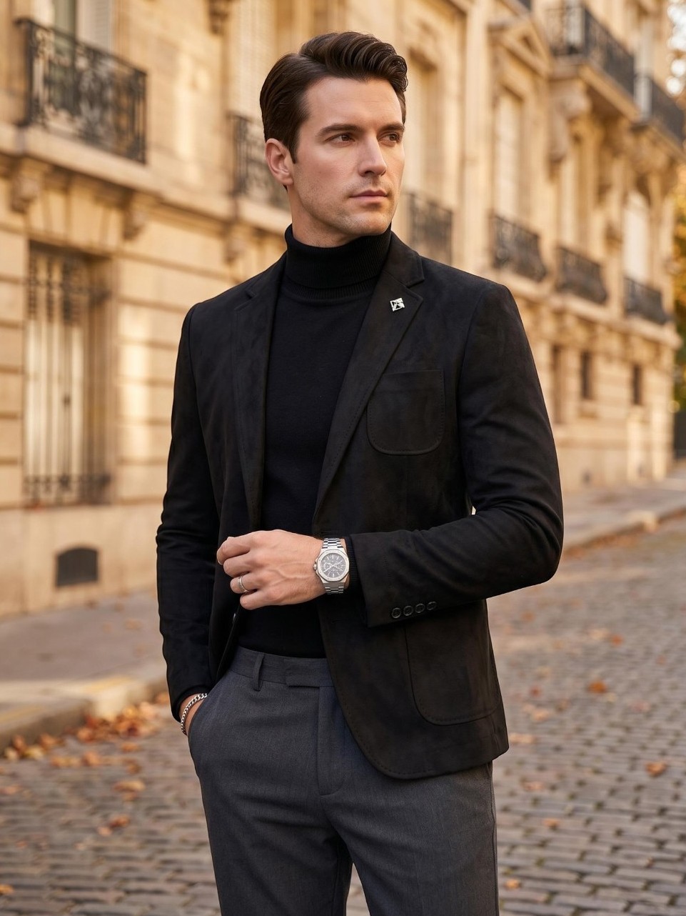 Homme portant un blazer suédé homme coupe slim coloris premium noir sur col roulé, dans une rue pavée parisienne en automne.